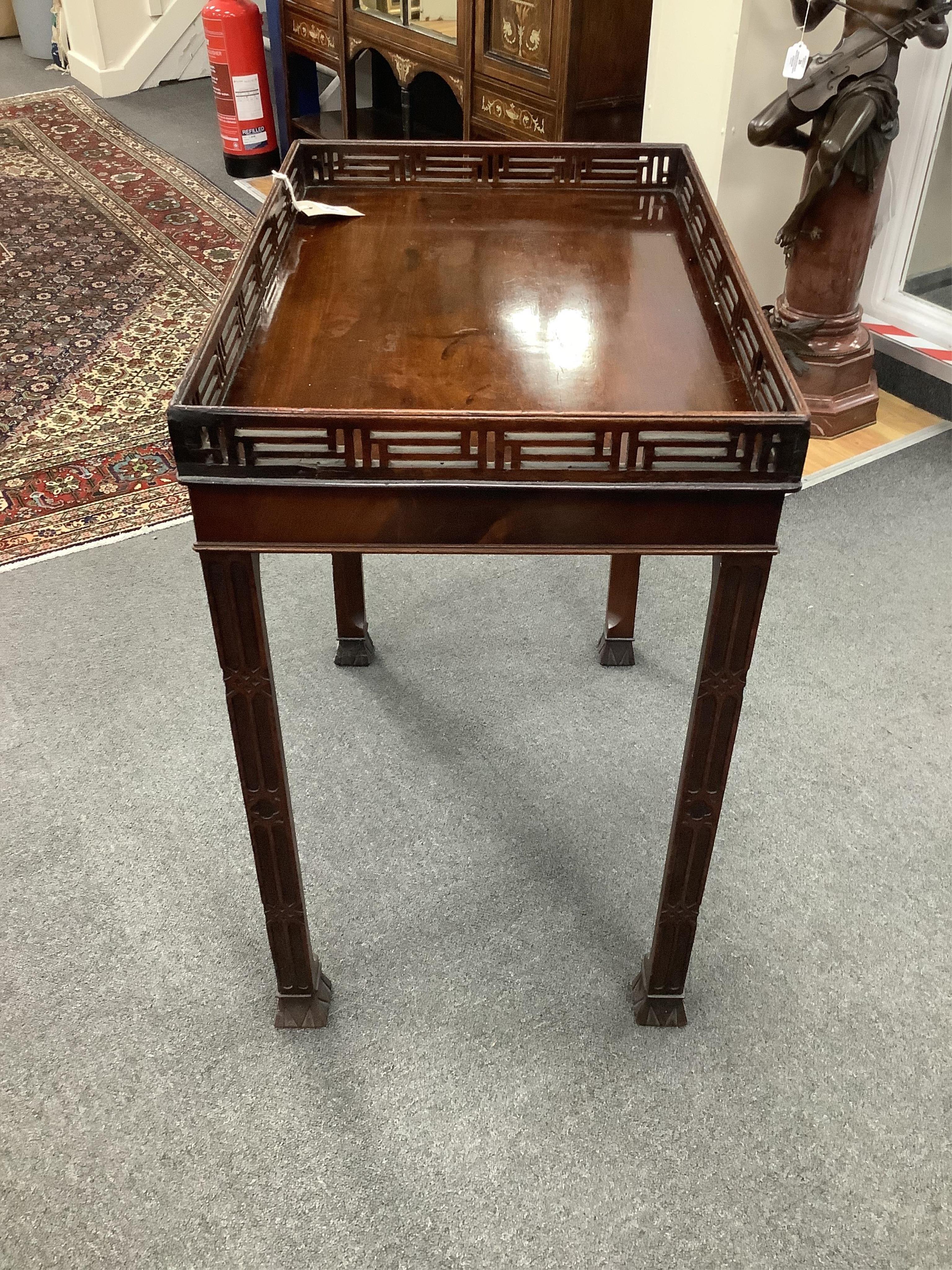 A George III Chippendale period rectangular mahogany silver table with white metal presentation plaque, width 64cm, depth 44cm, height 73cm. (restored). Condition - good
